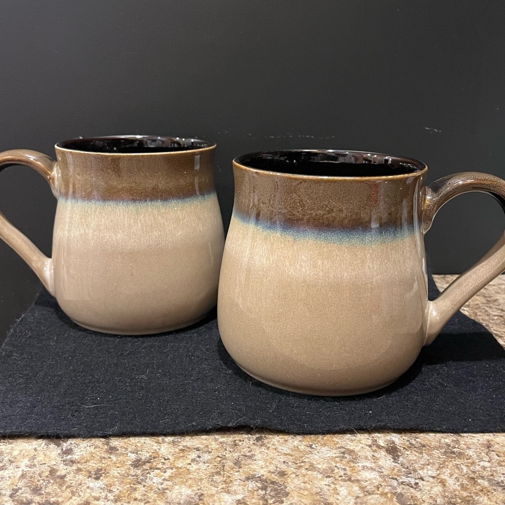 Oversized Brown, Tan & Blue Drip Ceramic Mugs Set of 2 Holds 3 1/2 Cups